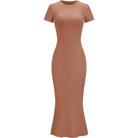 Women Fishtail Hem Ribbed Maxi Dress Orange - Picture 2 of 6